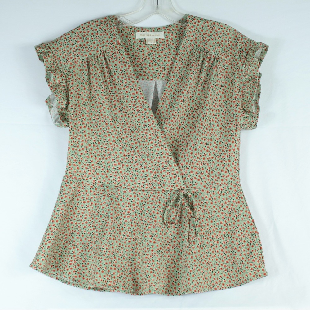 Monteau Green Floral Faux Wrap Front Short Sleeve Blouse Womens Size: XL